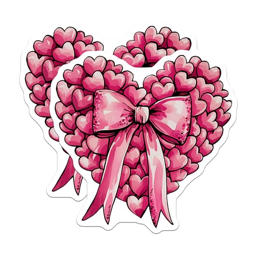(2 Pack) Heart Bow Stickers - Cute Heart Stickers - Pink Bow Stickers - 5" On Longest Side - Sticks to Any Smooth Flat Surface - Made in USA - BMCS3607