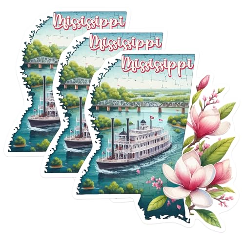 (3 Pack) Mississippi Decals - State Pride - Steamboat Riverboat Design - 3 Inches On Longest Side - Easy Peel & Apply - Made in USA - 3MCS0140