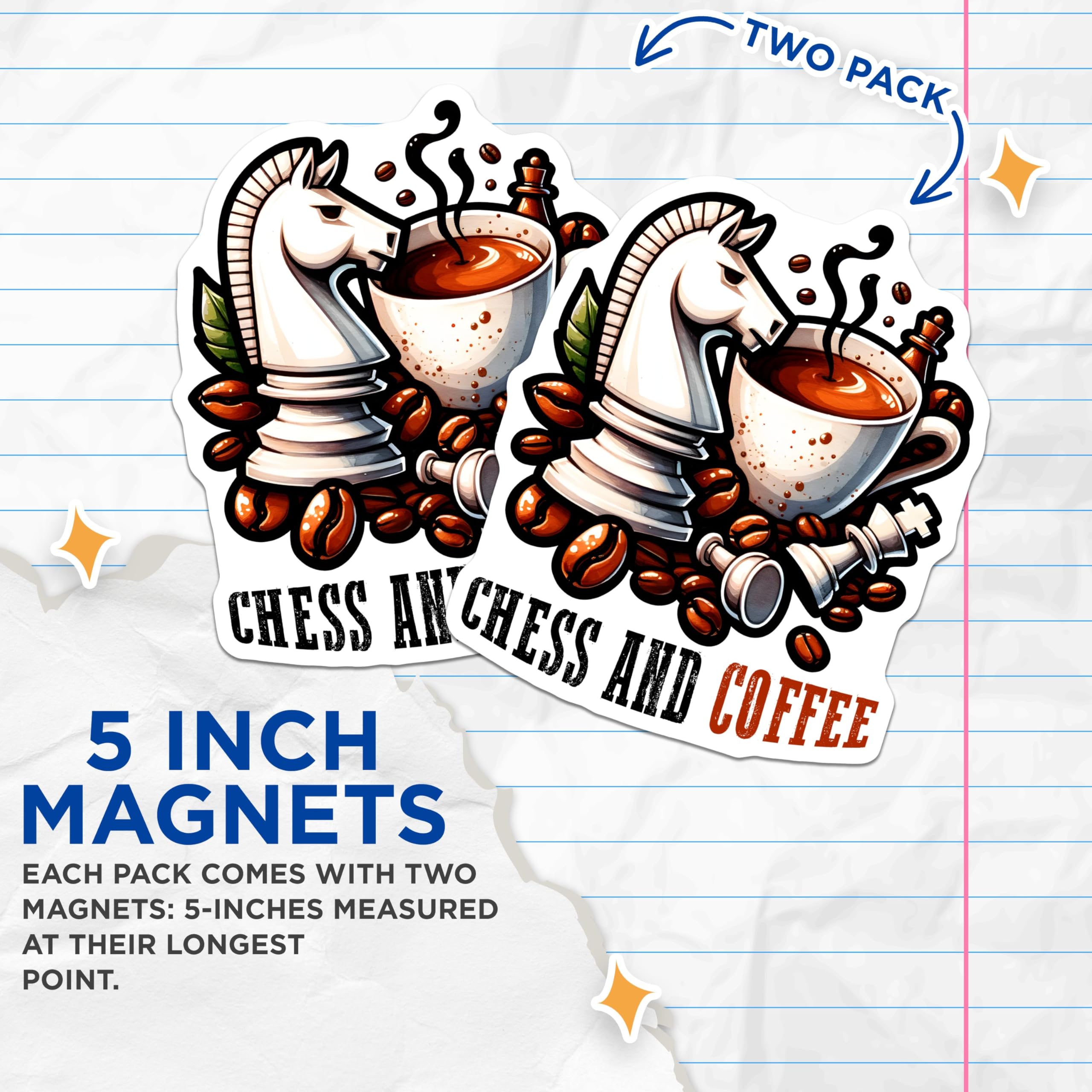 (2 Pack) Chess and Coffee Magnets - Chess Knight Magnets - Coffee Lovers Magnets - Chess Player Kitchen Decor - 5" On Longest Side - for Cars, Refrigerators, Toolboxes, Lockers - Made in USA BMCS3194
