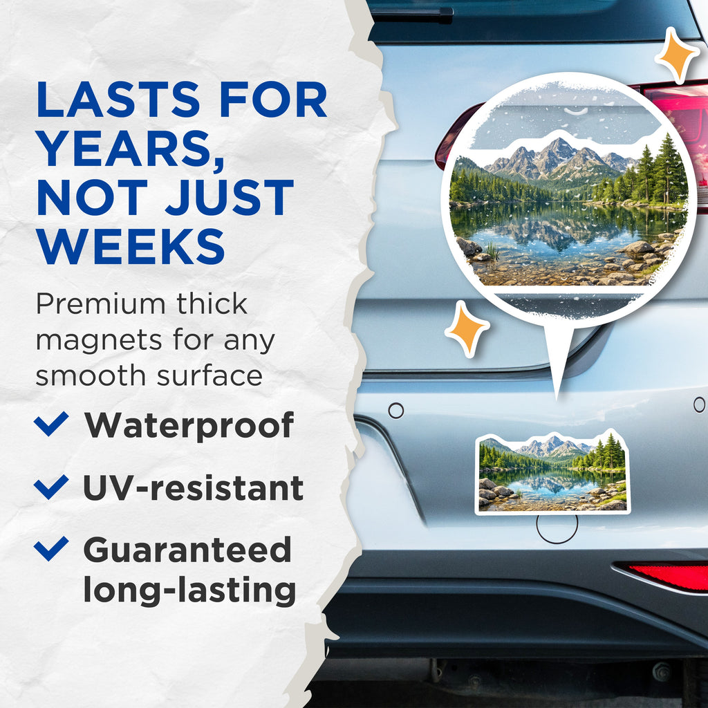 (2 Pack) Mountain Lake Magnets - Serene Landscape Scene - Evergreen Forest View - Outdoor Adventure Decor - 5 Inches On Longest Side - Thick Durable Magnet - Made in USA - MAG37912