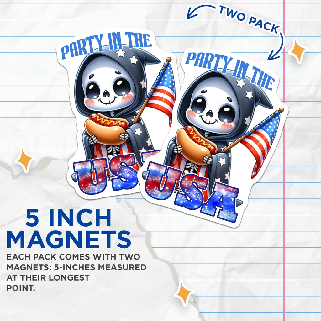 (2 Pack) Party in The USA Skeleton Magnets - Patriotic Kitchen Decor - 5" On Longest Side - for Cars, Fridges, Toolboxes - Made in USA - MAG7909