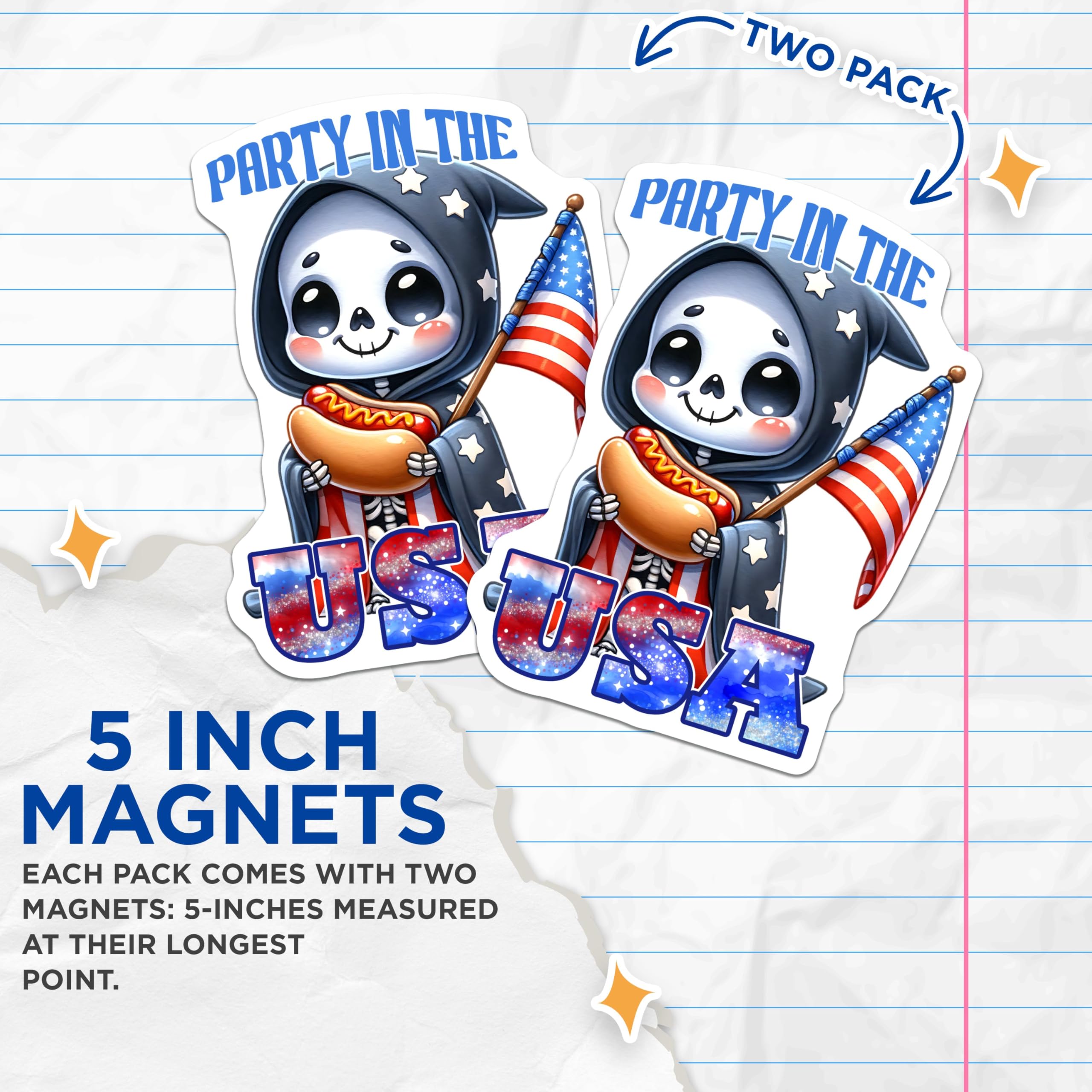 (2 Pack) Party in The USA Skeleton Magnets - Patriotic Kitchen Decor - 5" On Longest Side - for Cars, Fridges, Toolboxes - Made in USA - MAG7909