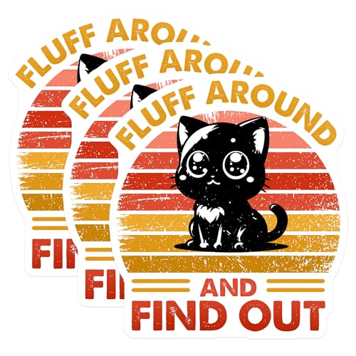 (3 Pack) Fluff Around Find Out Decals - Funny Cat Laptop Decals - Retro Kitty Sticker Pack - 3 Inches On Longest Side - Easy Peel & Apply - Made in USA - 3MCS6097