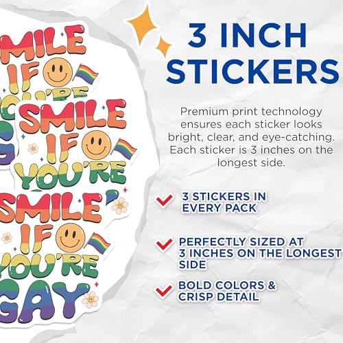 (3 Pack) Smile If You're Gay Decals - Pride Rainbow - LGBT Equality Laptop Decals- 3 Inches On Longest Side - Easy Peel & Apply - Made in USA - 3MCS5294