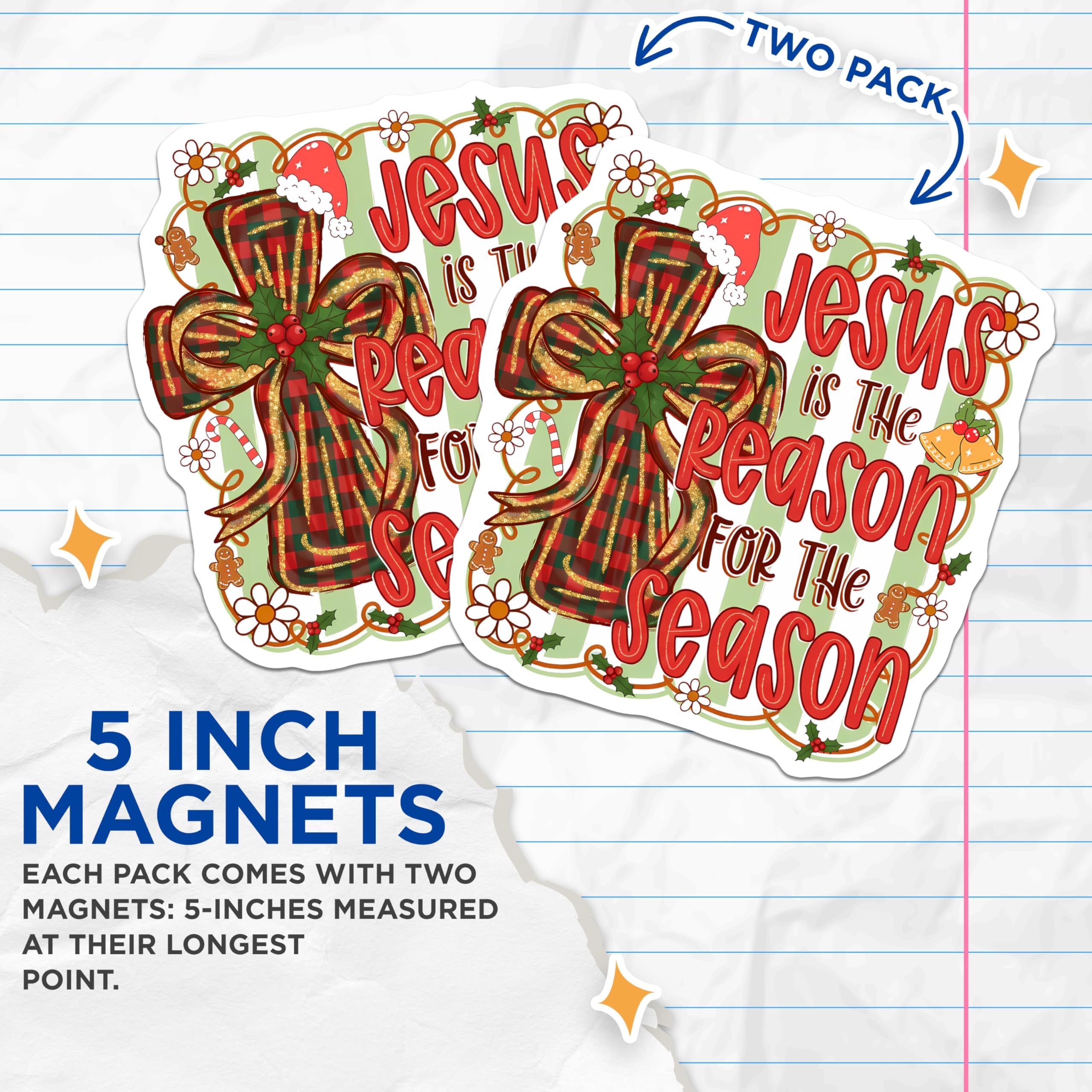 (2 Pack) Jesus is The Reason Magnets - Christian Christmas Decor - Religious Faith Based Holiday Kitchen Item - 5 Inches On Longest Side - Thick Durable Magnet - Made in USA - MAG29518