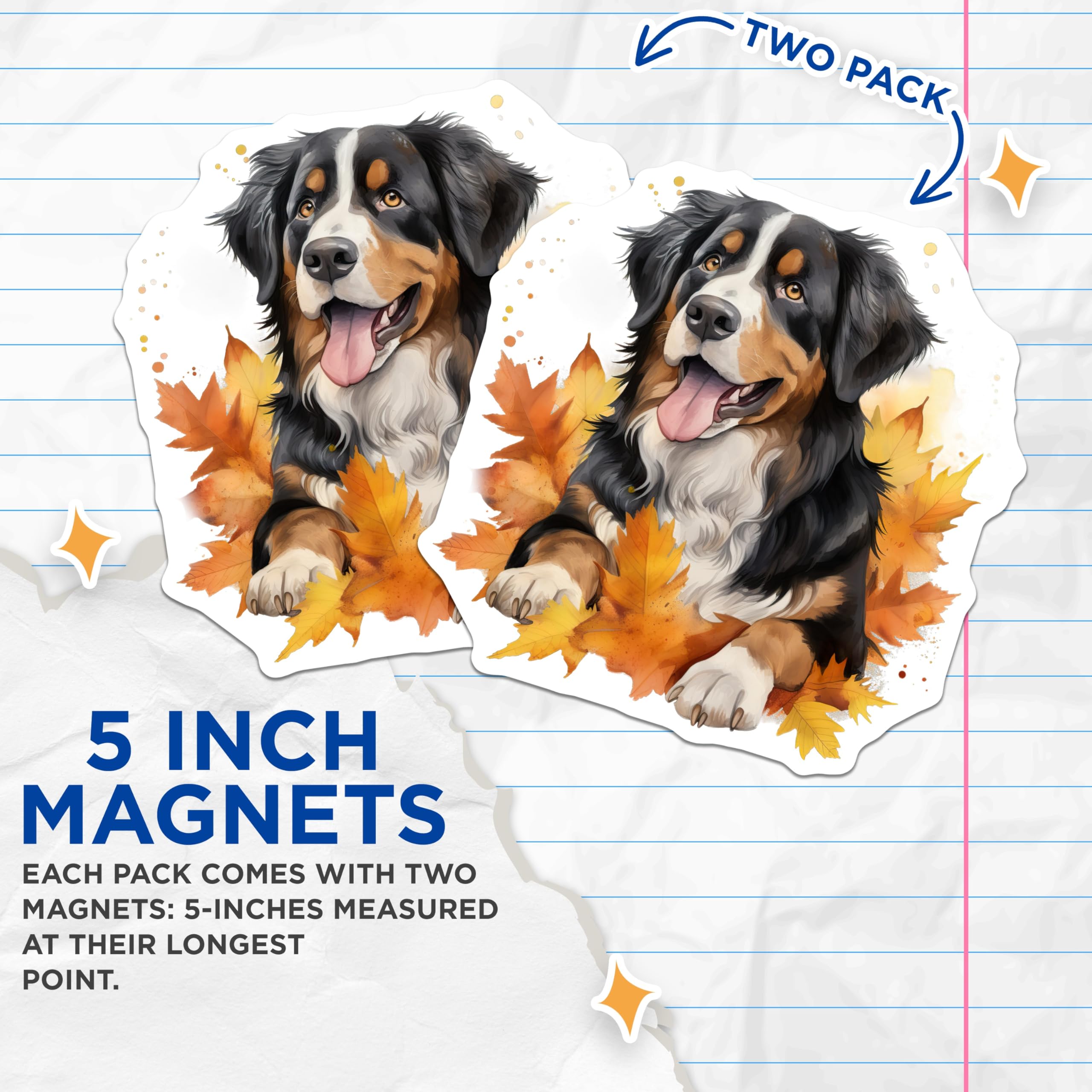 (2 Pack) Bernese Mountain Dog Magnets - Autumn Leaves Dog Art - Fall Decor Pet Lover - 5 Inches On Longest Side - Thick Durable Magnet - Made in USA - MAG28581