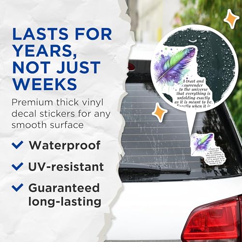 (2 Pack) Motivational Quote Feather Stickers - Inspirational Decor - Positive Affirmation - 5" On Longest Side - Sticks to Smooth Flat Surfaces - Made in USA - BMCS7547
