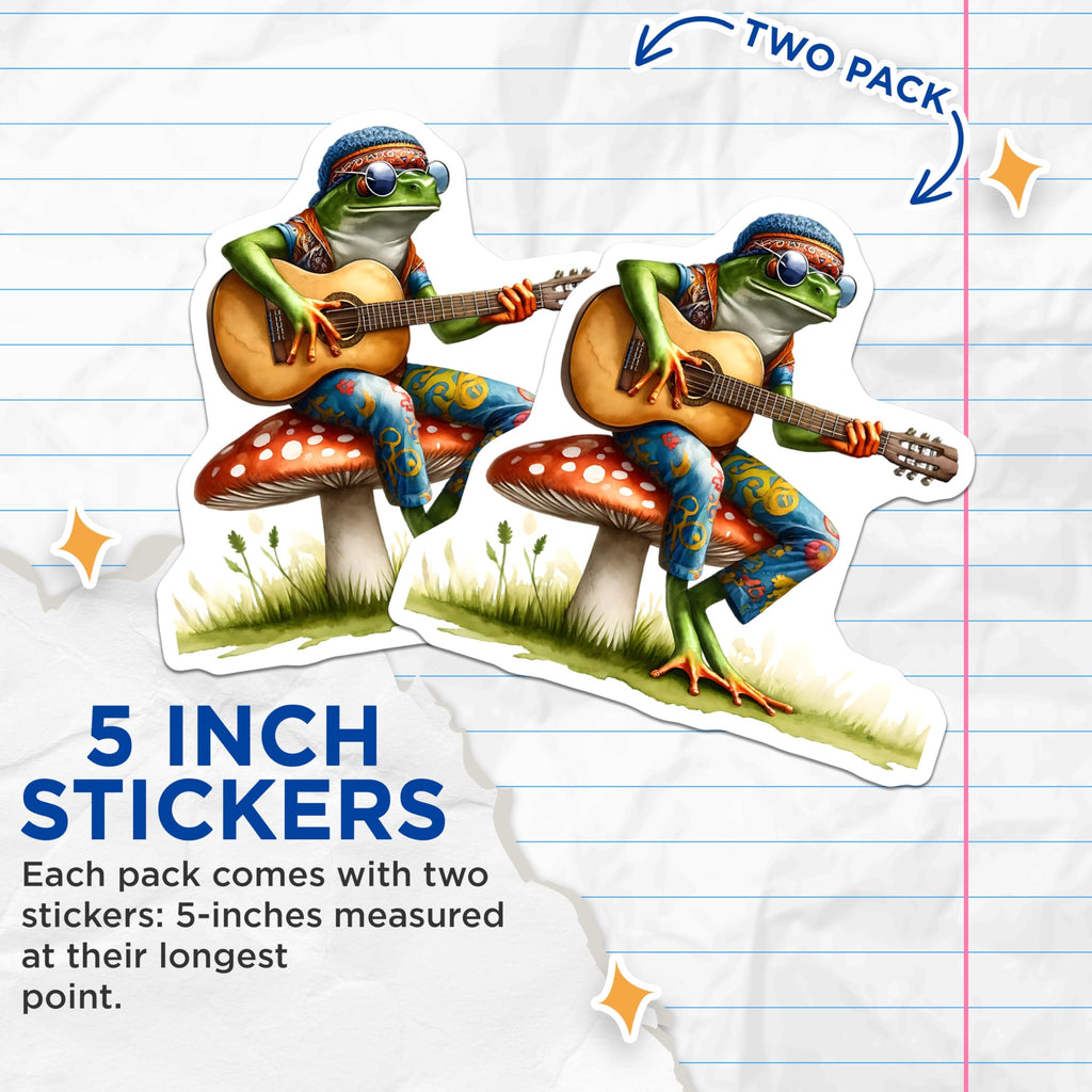 (2 Pack) Frog Stickers - Hippie Frog Guitarist - Mushroom Art Stickers- 5" On Longest Side - Sticks to Smooth Flat Surfaces - Made in USA - BMCS16713