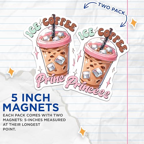 (2 Pack) Ice Coffee Princess Magnets - Cute Coffee Lover Decor - Fun Kitchen Decor - 5" On Longest Side - for Cars, Fridges, Toolboxes - Made in USA - MAG7538