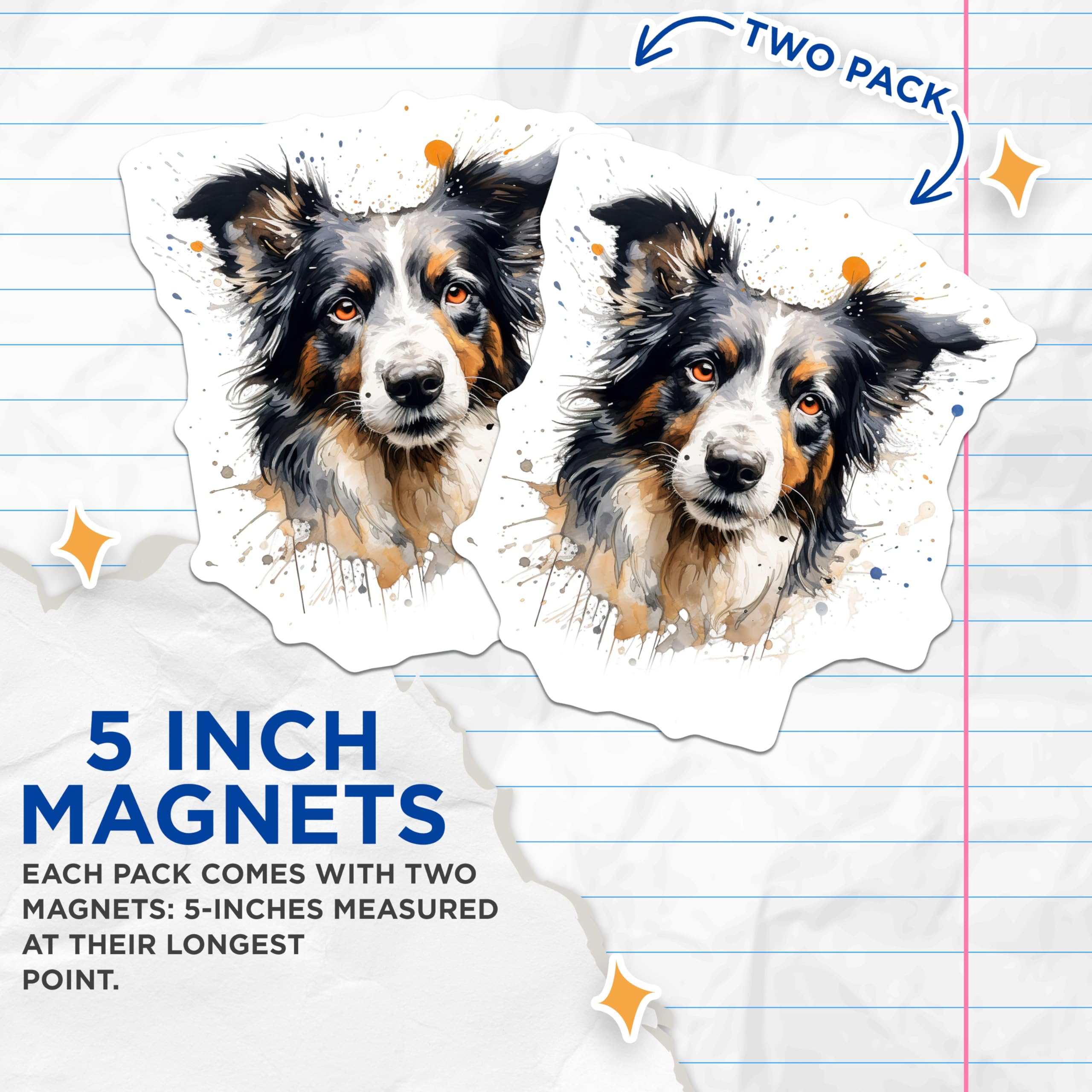 (2 Pack) Border Collie Magnets - Artistic Dog Decor - Pet Owner Kitchen Accent - 5 Inches On Longest Side - Thick Durable Magnet - Made in USA - MAG26470