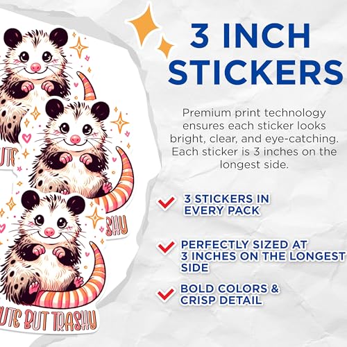 (3 Pack) Cute Opossum Decals - Trashy Humor - Laptop Decal - Funny Animal Decals - 3 Inches On Longest Side - Easy Peel & Apply - Made in USA - 3MCS0271