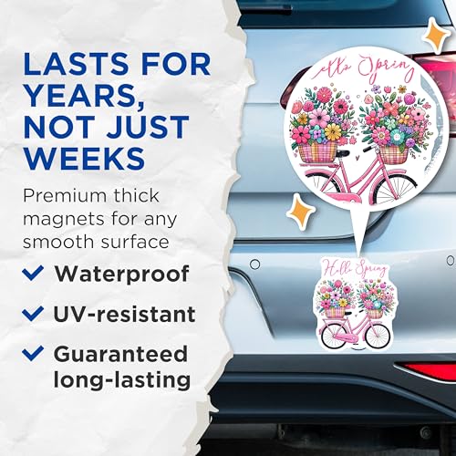 (2 Pack) Hello Spring Magnets - Floral Bicycle Design - 5" On Longest Side - for Cars, Fridges, Toolboxes - Made in USA - MAG8003
