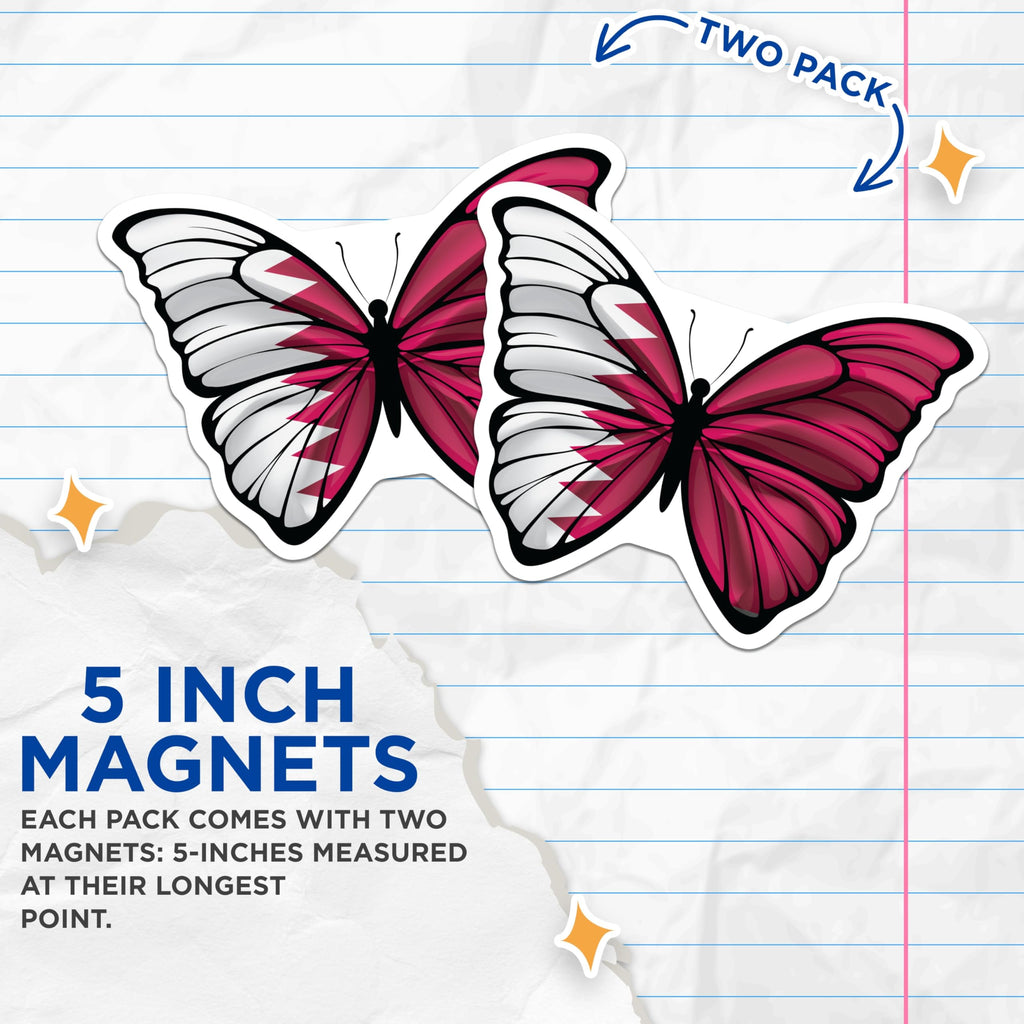 (2 Pack) Qatar Flag Butterfly Magnets - National Pride Souvenir - Fridge Decor Collectibles - 5" On Longest Side - Premium Magnet - for Cars, Refrigerators, Toolboxes, Lockers - Made in USA - MAG18344