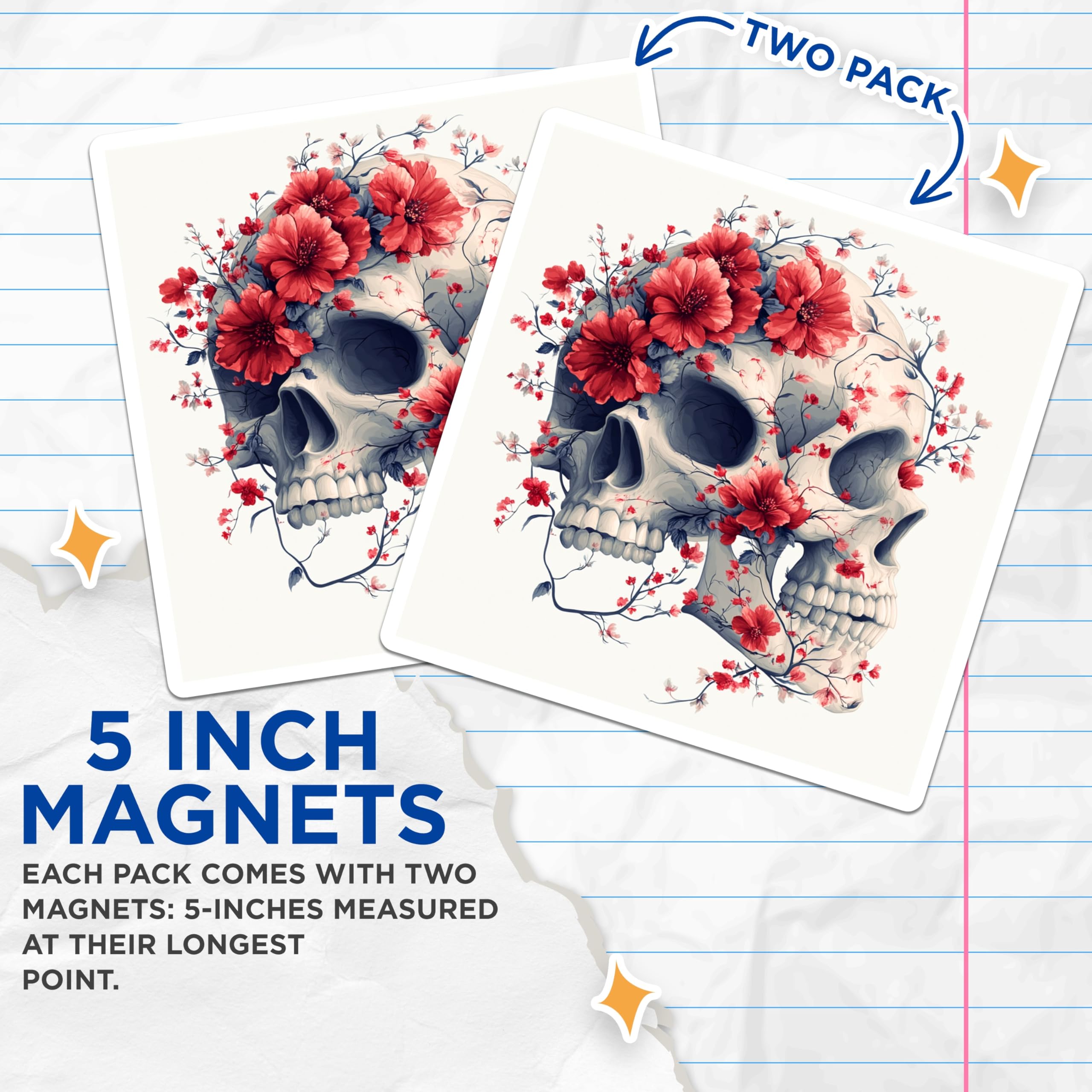 (2 Pack) Floral Skull Magnets - Gothic Home Decor - Dark Academia Art - Romantic Macabre Aesthetic - Unique Fridge Magnets - 5 Inches On Longest Side - Thick Durable Magnet - Made in USA - MAG27174