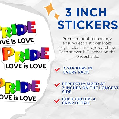 (3 Pack) Pride Decals - Love is Love Decal - Rainbow Pride Decal - 3 Inches On Longest Side - Easy Peel & Apply - Made in USA - 3MCS7030