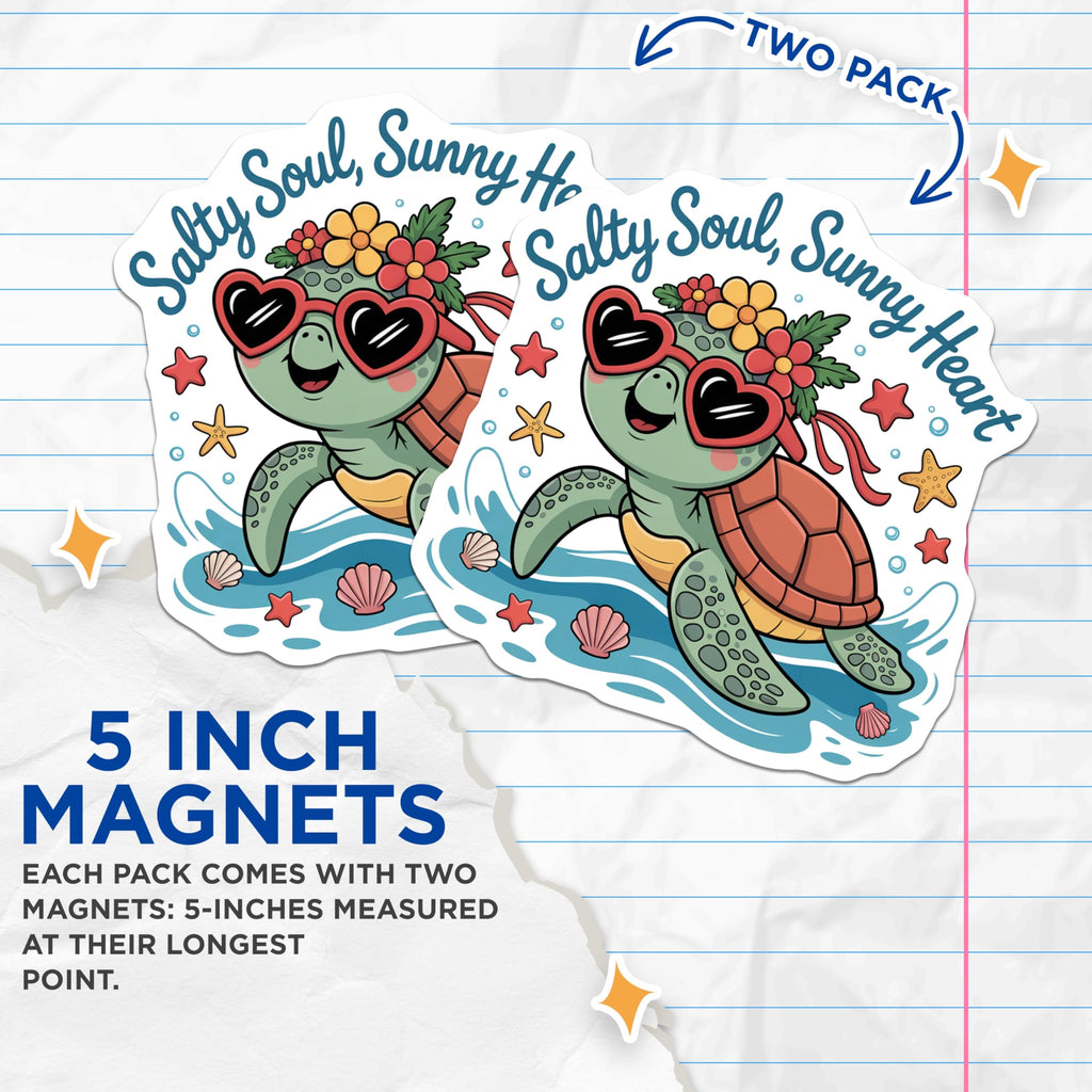 (2 Pack) Salty Soul Sunny Heart Magnets - Cute Sea Turtle Fridge Art - Beach Vibe Ocean Decor Marine Life Kawaii - 5 Inches On Longest Side - Thick Durable Magnet - Made in USA - MAG19977