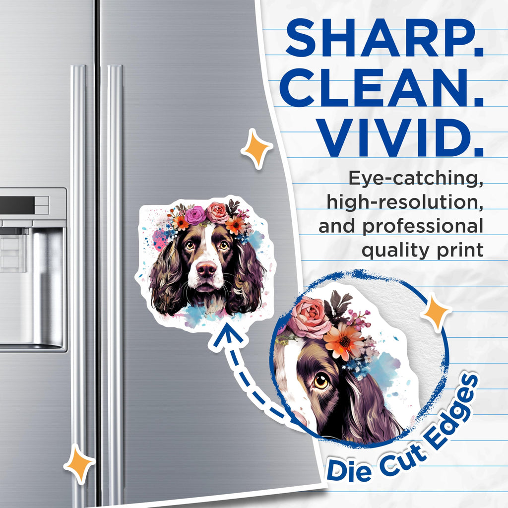 (2 Pack) Watercolor Springer Spaniel Magnets - Flower Crown Dog Art - Pet Lover Home Decor - 5 Inches On Longest Side - Thick Durable Magnet - Made in USA - MAG24294