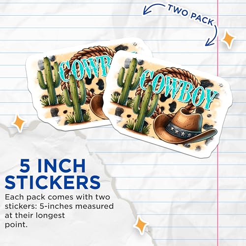 (2 Pack) Cowboy Stickers - Western Cactus Stickers - Desert Hat Stickers - 5" On Longest Side - Sticks to Any Smooth Flat Surface - Made in USA - BMCS3146
