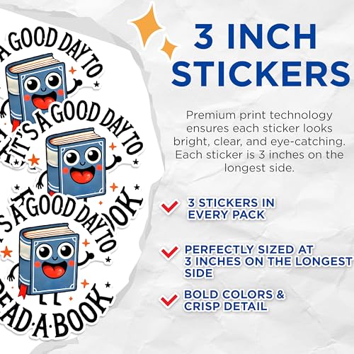 (3 Pack) Reading Book Decals - Its a Good Day to Read - Reader Stickers - 3 Inches On Longest Side - Easy Peel & Apply - Made in USA - 3MCS1562