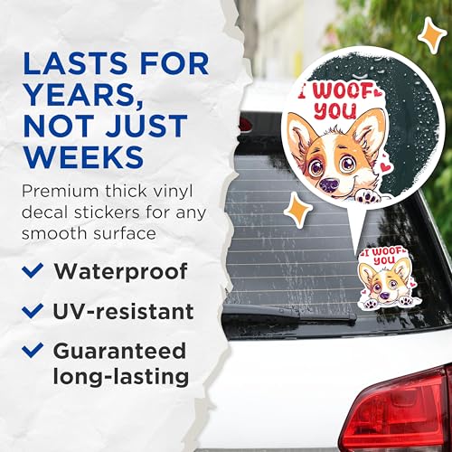(2 Packs) I Woof You Pembroke Welsh Corgi Stickers - Pembroke Welsh Corgi Decals - 5 Inches On Longest Side - Premium Vinyl Decal - Sticks to Any Smooth Flat Surface - Made in USA - BMCS2535