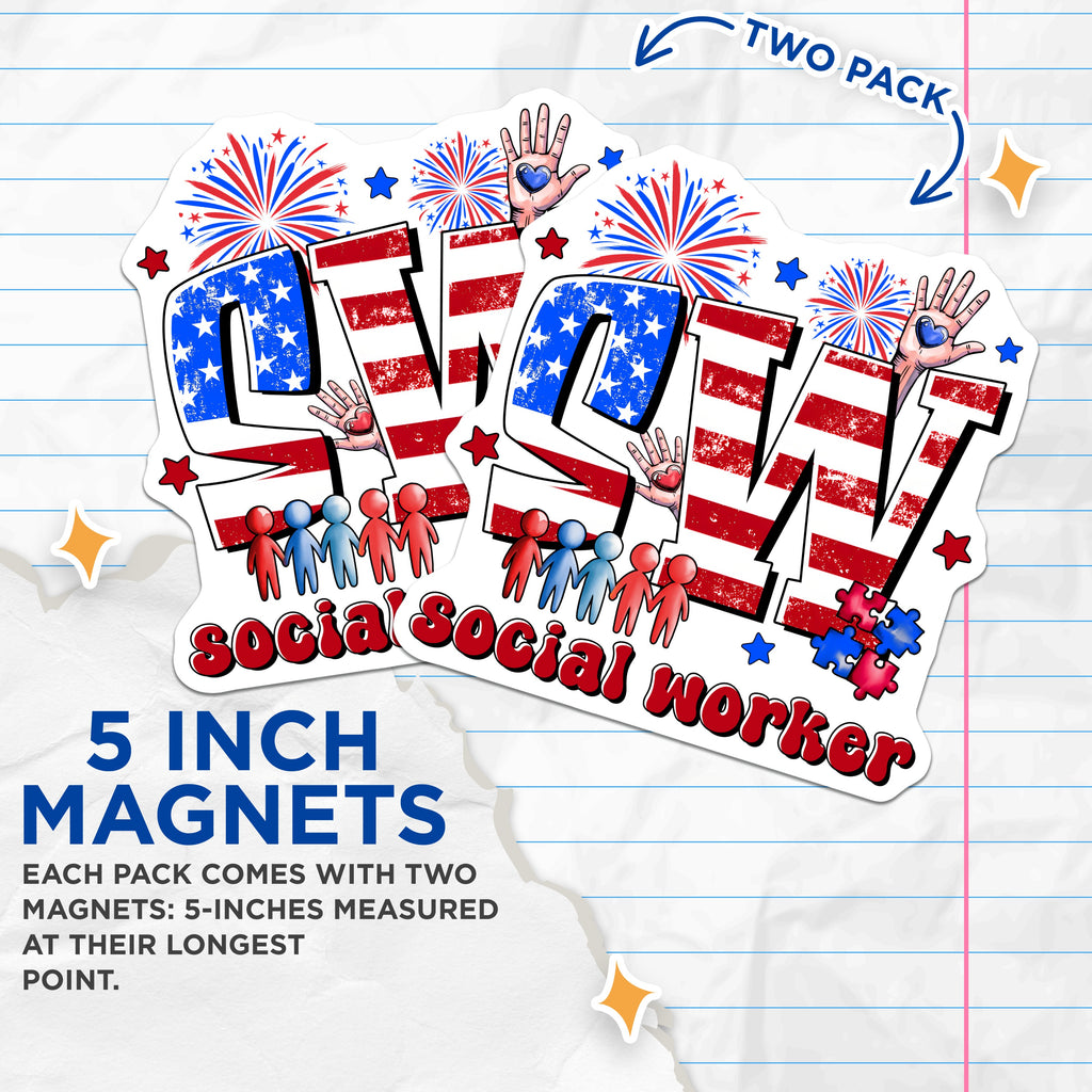 (2 Pack) Social Worker Magnets - Patriotic SW Design - Community Hero Appreciation Decor - 5 Inches On Longest Side - Thick Durable Magnet - Made in USA - MAG38157