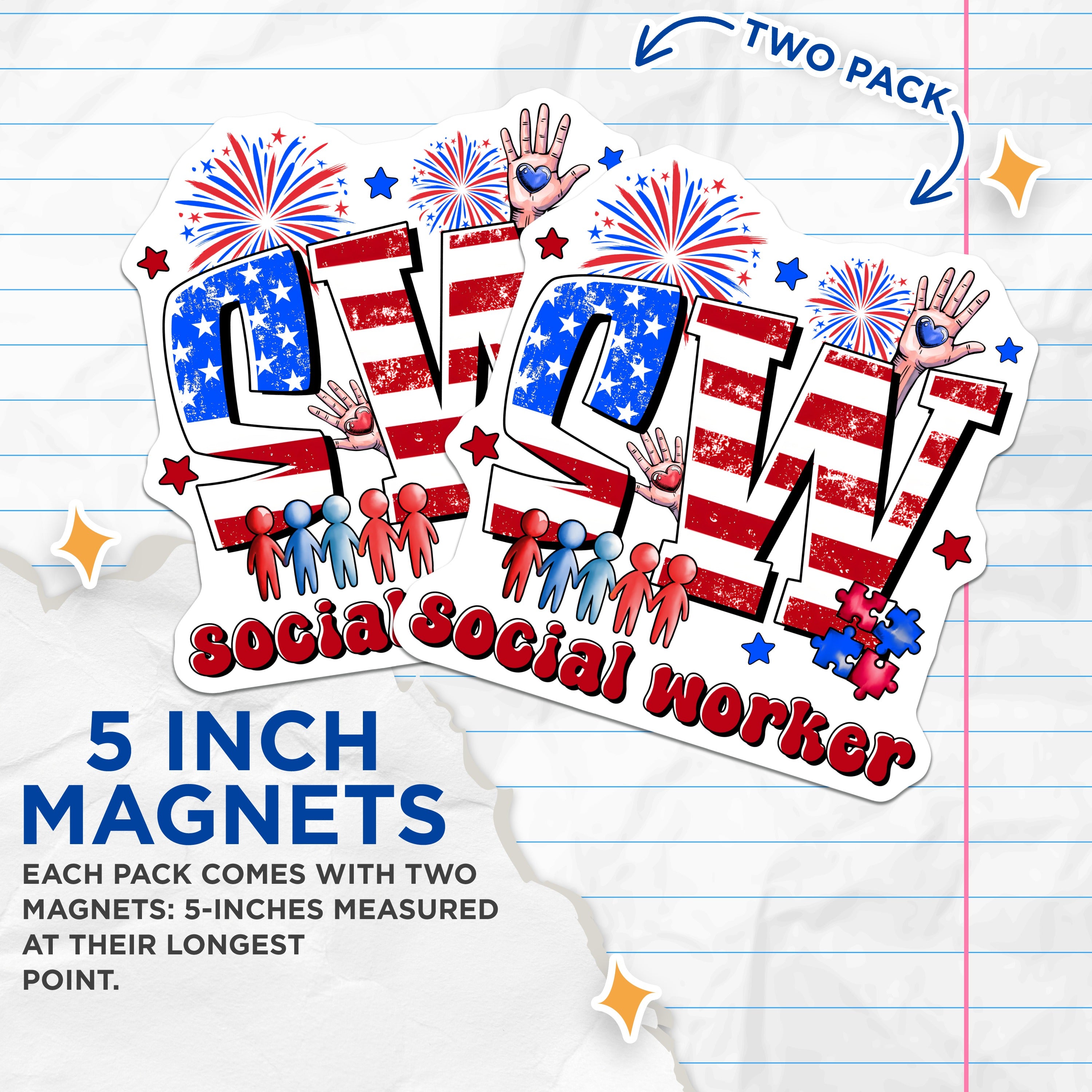 (2 Pack) Social Worker Magnets - Patriotic SW Design - Community Hero Appreciation Decor - 5 Inches On Longest Side - Thick Durable Magnet - Made in USA - MAG38157