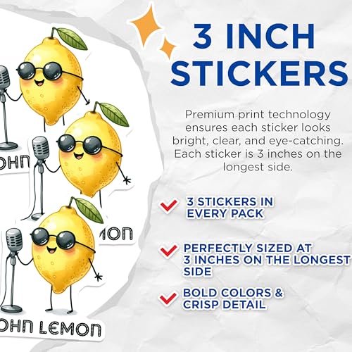 (3 Pack) John Lemon Decals - Funny Lemon Sticker - Fruit Laptop Decals - 3 Inches On Longest Side - Easy Peel & Apply - Made in USA - 3MCS6353