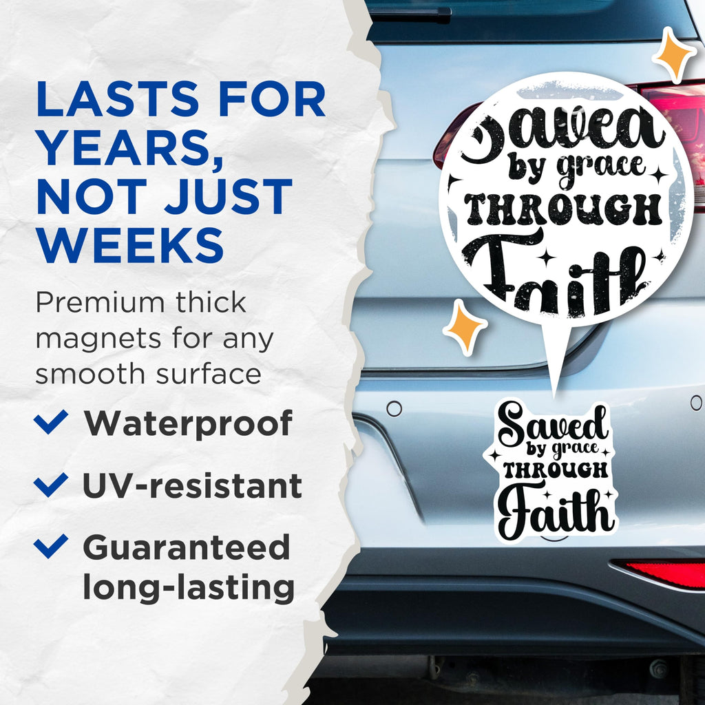 (2 Pack) Saved By Grace Through Faith Magnets - Christian Refrigerator Decor - Inspirational Scripture - 5 Inches On Longest Side - Thick Durable Magnet - Made in USA - MAG25567