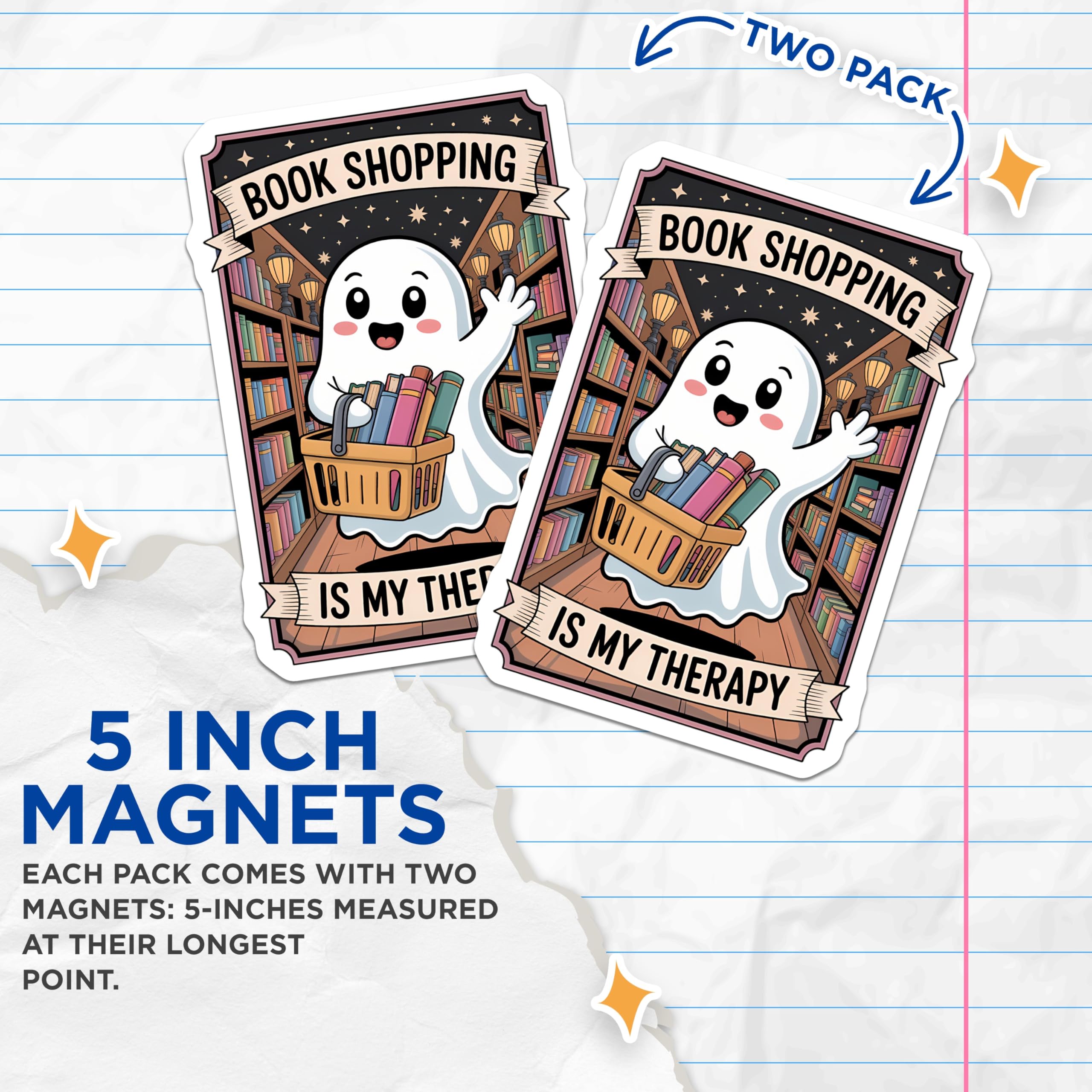 (2 Pack) Book Shopping Magnets - Cute Ghost Bookworm - Literary Therapy Decor - 5 Inches On Longest Side - Thick Durable Magnet - Made in USA - MAG20328
