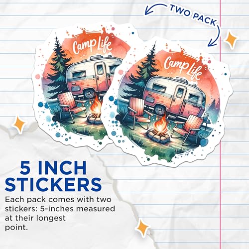(2 Pack) Camp Life Stickers - Camper Van Stickers - Campfire Stickers - Outdoor Adventure Stickers - 5" On Longest Side - Sticks to Smooth Flat Surfaces - Made in USA - BMCS7287