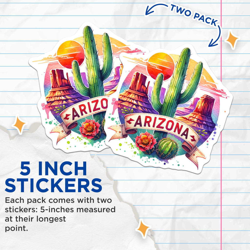 (2 Pack) Arizona Scenic Stickers - Desert Art - Cactus Watercolor - 5" On Longest Side - Sticks to Smooth Flat Surfaces - Made in USA - BMCS6828