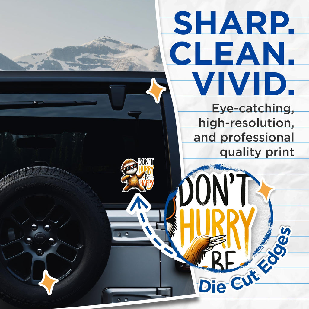 (2 Pack) Don't Hurry Be Happy Stickers - Cute Sloth Stickers - Inspirational Quote Stickers - 5" On Longest Side - Sticks to Any Smooth Flat Surface - Made in USA - BMCS2738