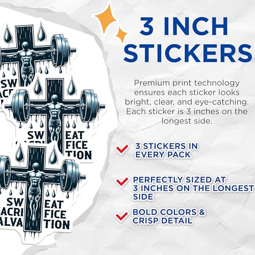 (3 Pack) Sweat Sacrifice Decals - Gym Christian Fitness - Weightlifting Cross Workout - 3 Inches On Longest Side - Easy Peel & Apply - Made in USA - 3MCS8404