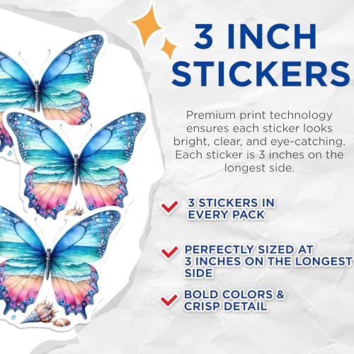 (3 Pack) Butterfly Ocean Scene Decals - Beach Theme Art - Summer Vibes Decal - 3 Inches On Longest Side - Easy Peel & Apply - Made in USA - 3MCS6040