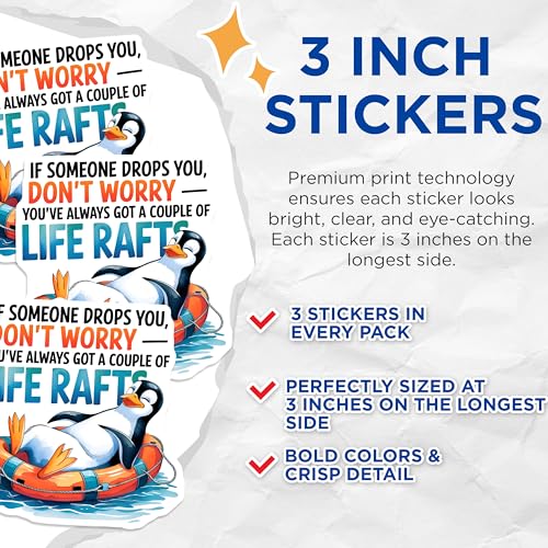 (3 Pack) Penguin Life Raft Decals - Funny Animal Sticker - Inspirational Laptop Decal - 3 Inches On Longest Side - Easy Peel & Apply - Made in USA - 3MCS4837