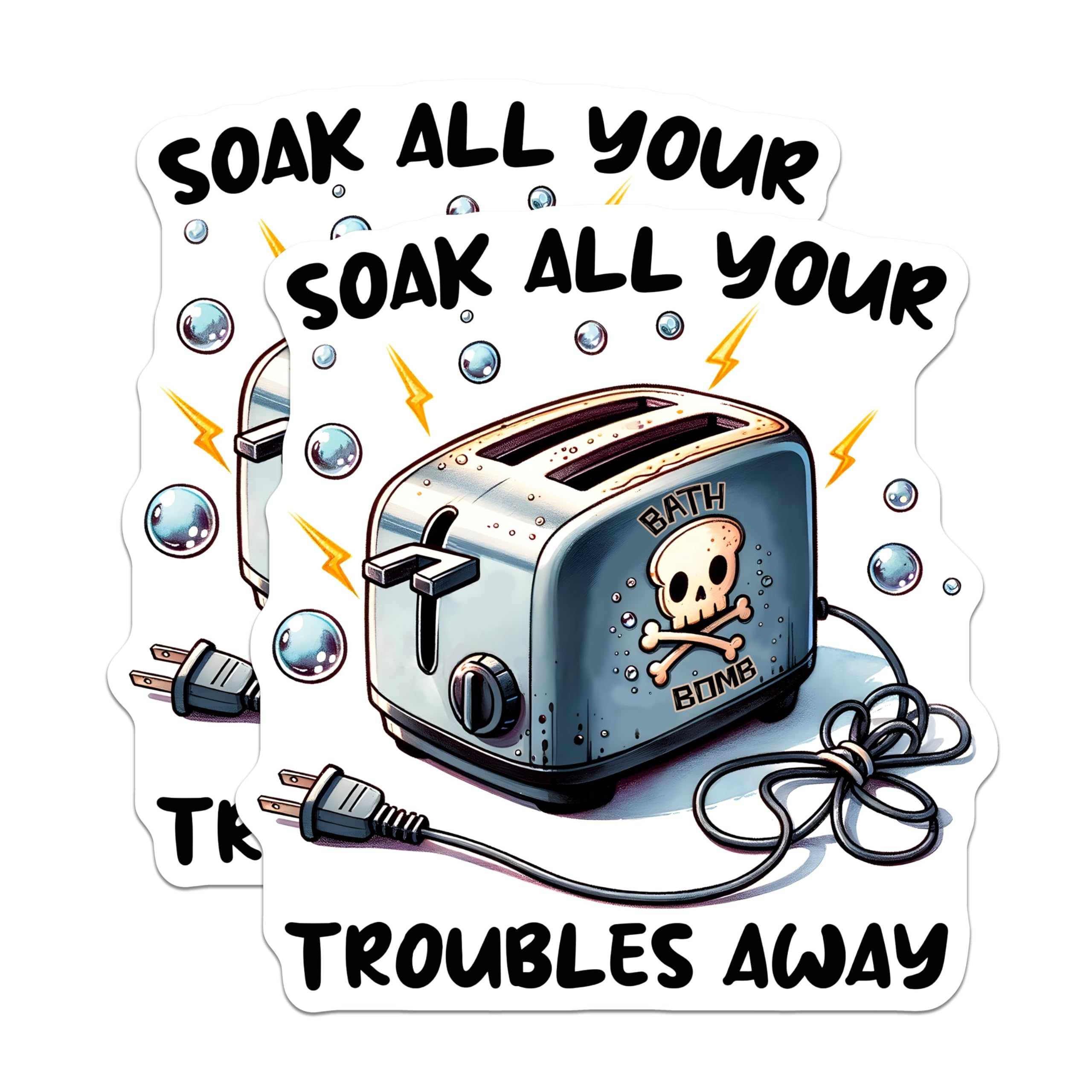 (2 Pack) Funny Bath Bomb Stickers - Soak All Your Troubles Away - Humorous - 5" On Longest Side - Sticks to Smooth Flat Surfaces - Made in USA - BMCS7519