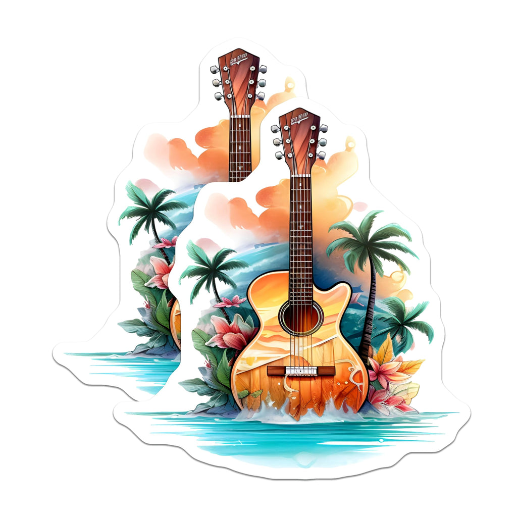 (2 Pack) Acoustic Guitar Magnets - Tropical Beach Island Sunset Art - Music Lover Fridge Decor Accessory - 5 Inches On Longest Side - Thick Durable Magnet - Made in USA - MAG21292