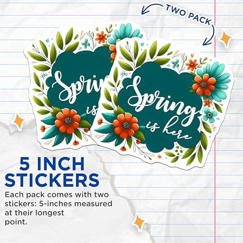 (2 Pack) Spring is Here Stickers - Floral Design - Seasonal Decoration - Garden Theme - 5" On Longest Side - Sticks to Smooth Flat Surfaces - Made in USA - BMCS7995