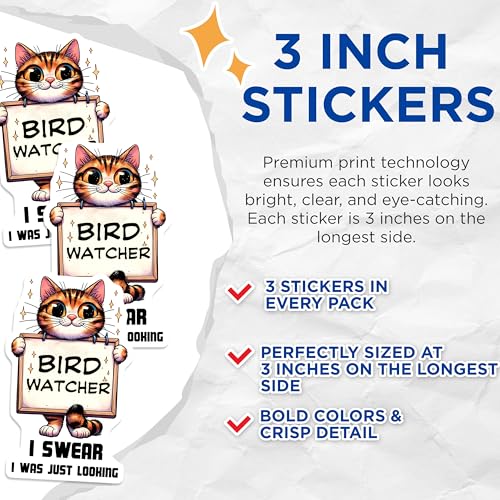 (3 Pack) Bird Watcher Cat Decals - Funny Cat Lover - Laptop Decals - 3 Inches On Longest Side - Easy Peel & Apply - Made in USA - 3MCS2507