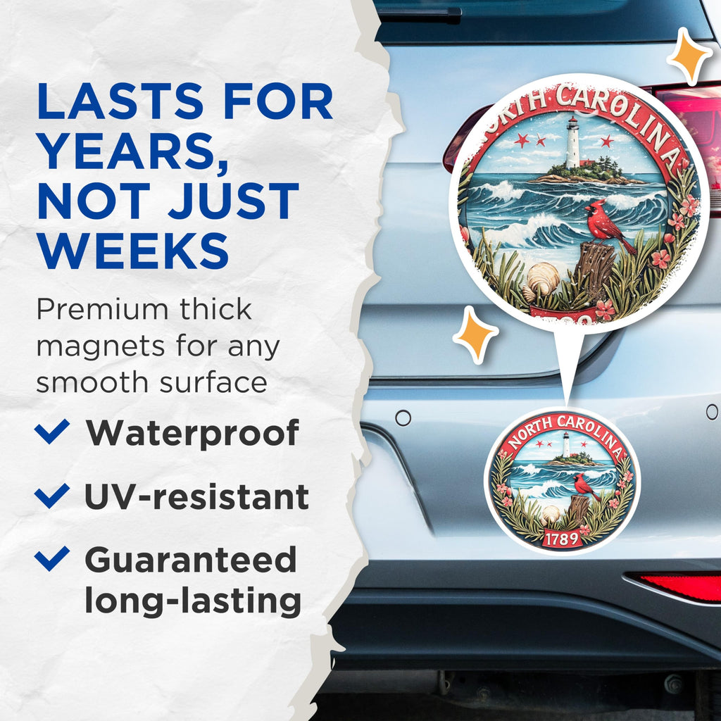 (2 Pack) North Carolina Magnets - State Seal Souvenir - Cardinal Bird Decor - 5" On Longest Side - Premium Magnet - for Cars, Refrigerators, Toolboxes, Lockers - Made in USA - MAG16188
