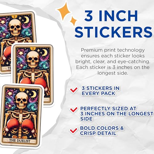 (3 Pack) The Duelist Tarot Decals - Skeleton Boxing - Spooky Laptop Decals - 3 Inches On Longest Side - Easy Peel & Apply - Made in USA - 3MCS4164