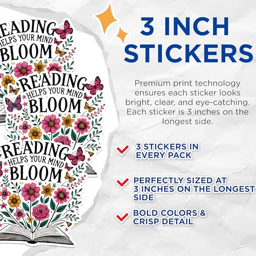 (3 Pack) Reading Helps Mind Decals - Floral Laptop Decal - Book Lover Stickers - 3 Inches On Longest Side - Easy Peel & Apply - Made in USA - 3MCS1574