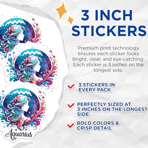 (3 Pack) Aquarius Decals - Zodiac Sign Stickers - Astrology Lover - Laptop Decal - Water Bearer Art- 3 Inches On Longest Side - Easy Peel & Apply - Made in USA - 3MCS5709