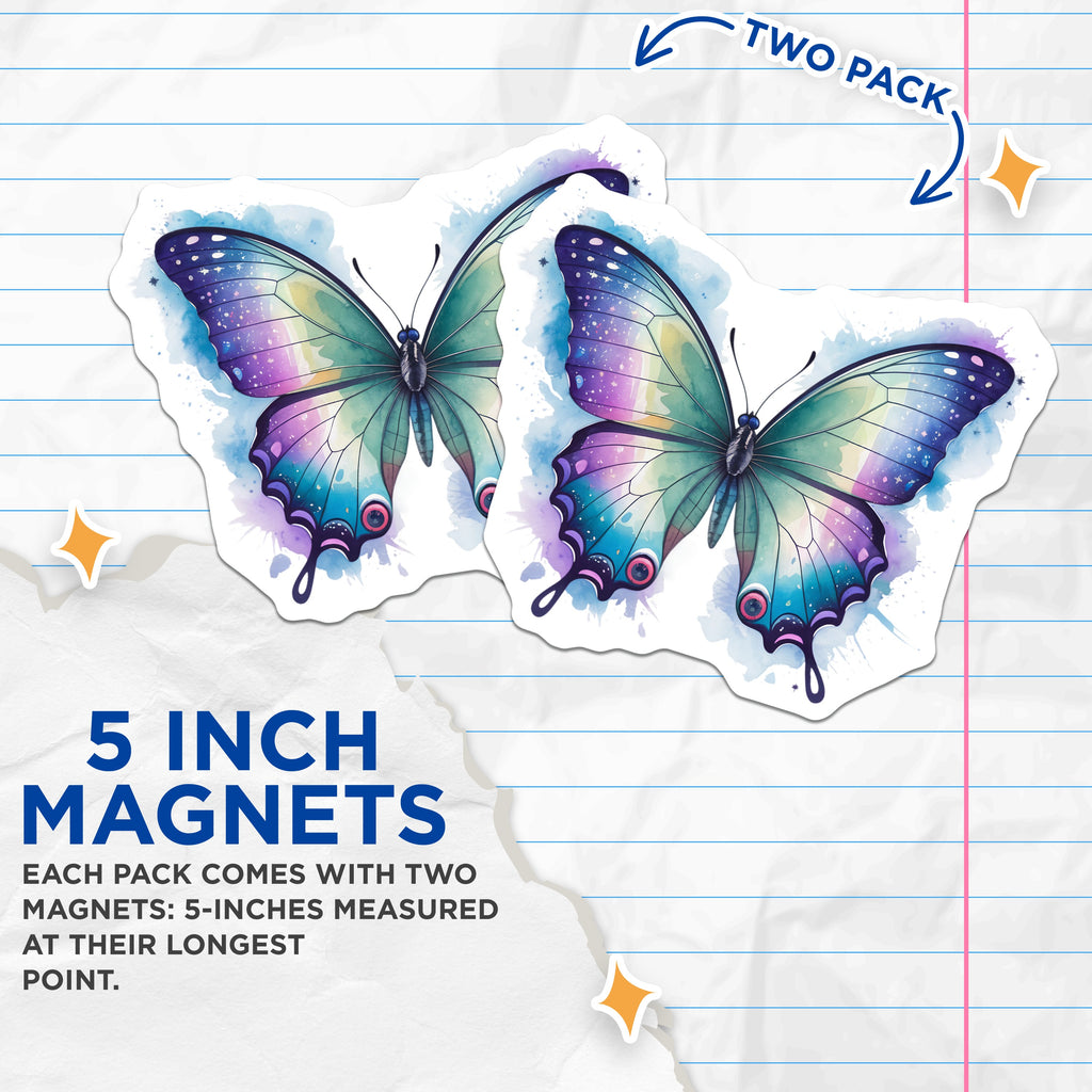 (2 Pack) Cosmic Butterfly Magnets - Watercolor Galaxy Nature Art - Whimsical Fridge Locker Decor - Aesthetic Home Accent - 5 Inches On Longest Side - Thick Durable Magnet - Made in USA - MAG39651