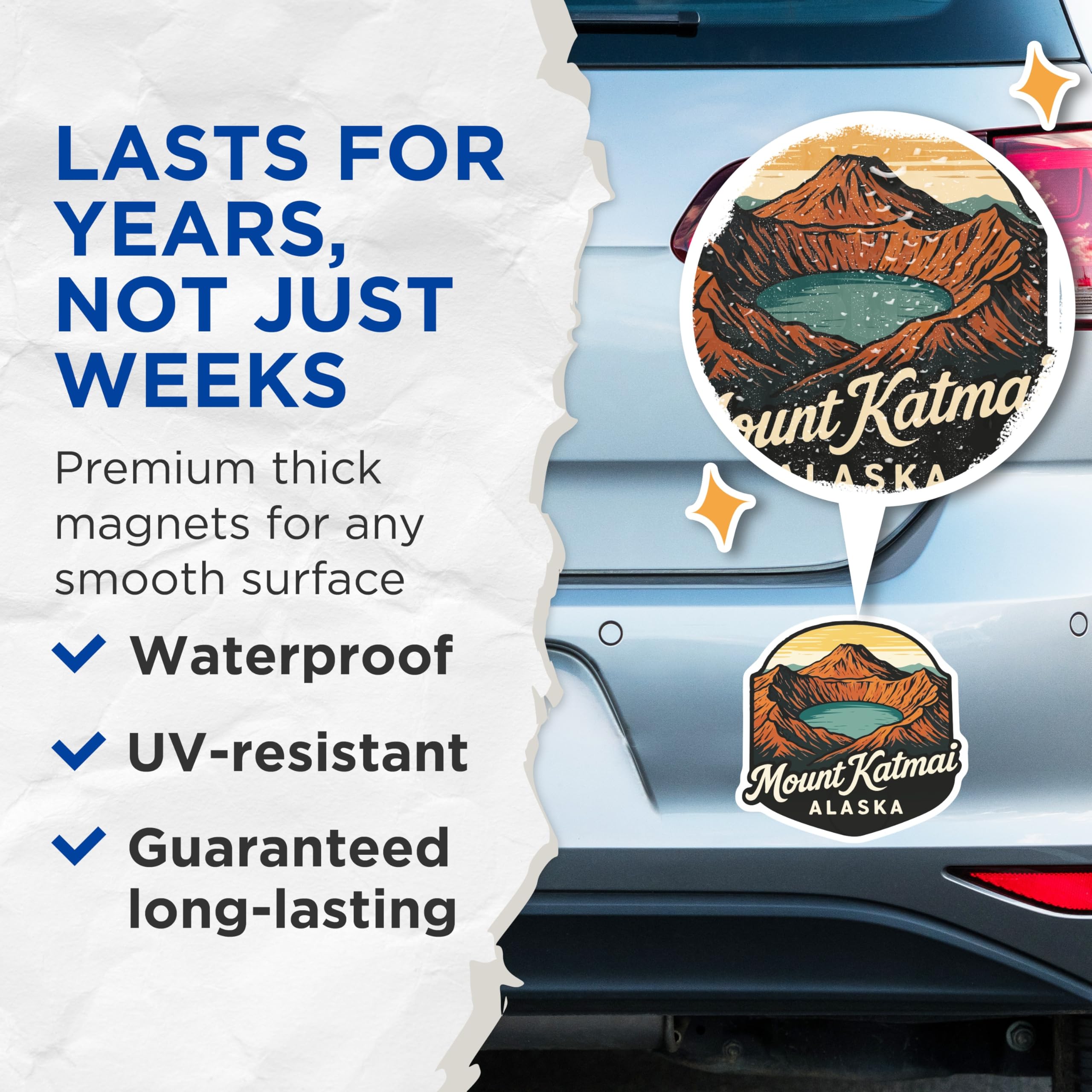 (2 Pack) Mount Katmai Magnets - Alaska Crater Lake Landscape - National Park Travel Souvenir - Nature Adventure Decor - 5 Inches On Longest Side - Thick Durable Magnet - Made in USA - MAG20017