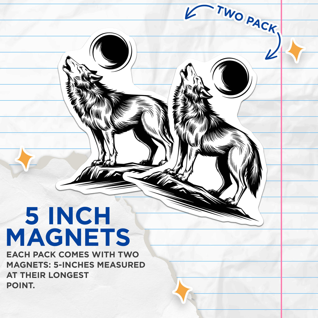 (2 Pack) Howling Wolf Magnets - Wilderness Animal Decor - Mystical Moon Phase Art - Nature Lover Accessory - 5 Inches On Longest Side - Thick Durable Magnet - Made in USA - MAG39684