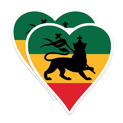 (2 Pack) Lion of Judah Stickers - Rasta Emblem Decals - Ethiopian Flag Heart Decals - 5" On Longest Side - Sticks to Smooth Flat Surfaces - Made in USA - BMCS6225