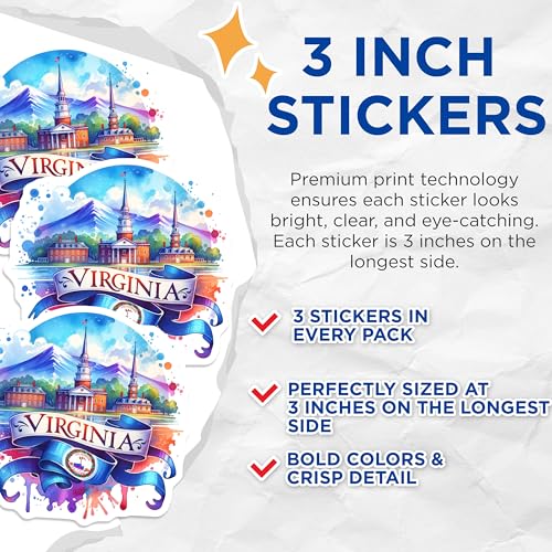 (3 Pack) Virginia State Decals - Watercolor Art Decals - Laptop Decoration- 3 Inches On Longest Side - Easy Peel & Apply - Made in USA - 3MCS5831