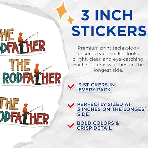 (3 Pack) Rodfather Decals - Fishing Lover - Funny Dad Decal - 3 Inches On Longest Side - Easy Peel & Apply - Made in USA - 3MCS6246