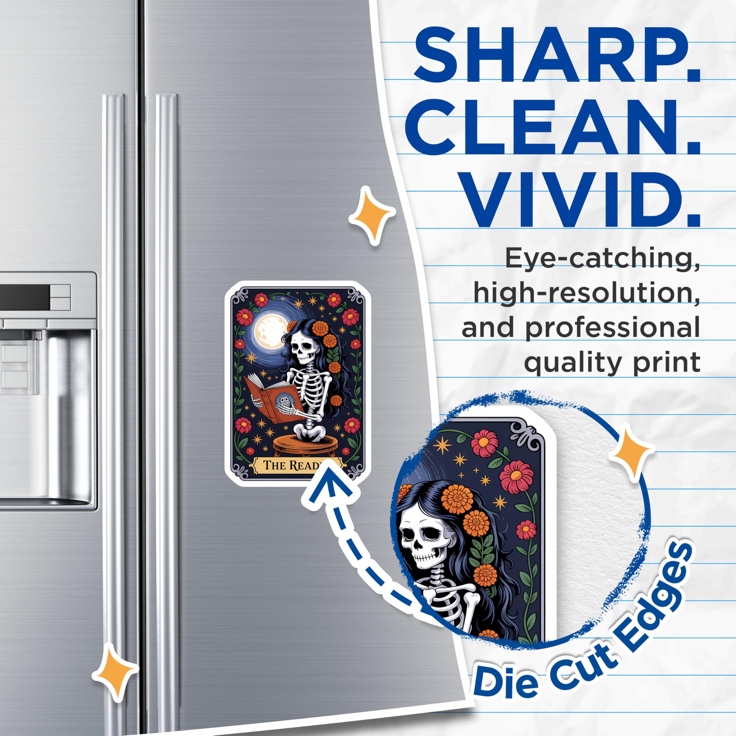 (2 Pack) Calavera Reader Magnets - Day of the Dead Bookworm Art - Floral Moon Decor - Witchy Tarot Style - 5 Inches On Longest Side - Thick Durable Magnet - Made in USA - MAG20418